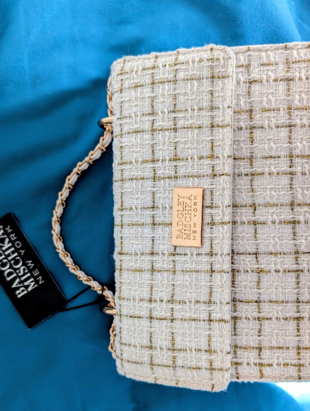 Badgley Mischka Tara White And Gold Tweed Purse with Gold Accents